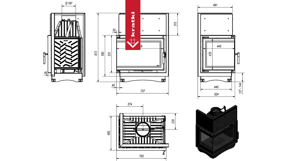 Technische tekening van Kratki Zuzia Links haard met afmetingen en zijaanzicht.