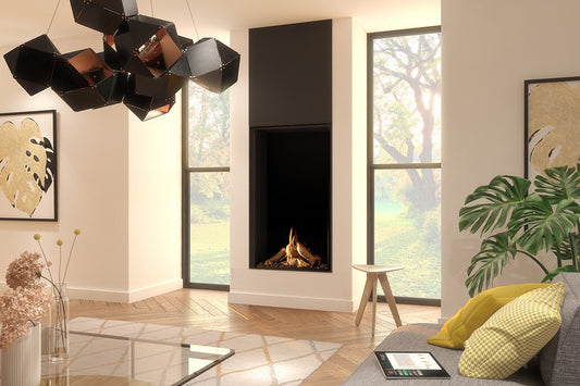 DRU Maestro 75 Tall Eco Wave front gashaard in moderne woonkamer