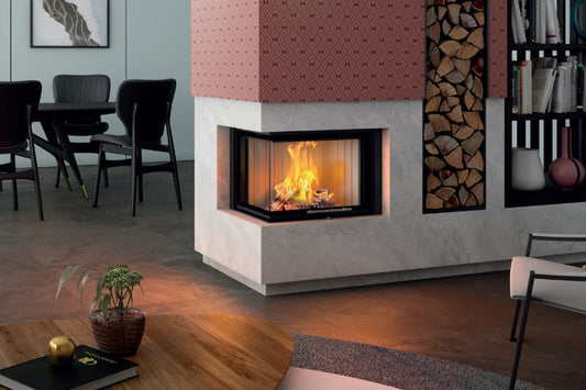Spartherm Linear Corner 59x39x44 liftdeur in moderne woonkamer, brandend haardvuur