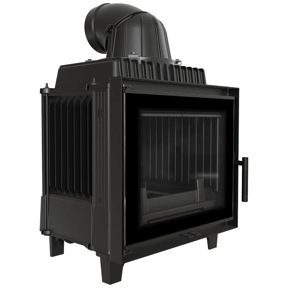 Zwarte houtkachel Kratki Franek 10 kW met glazen deur en bovenste rookafvoer.