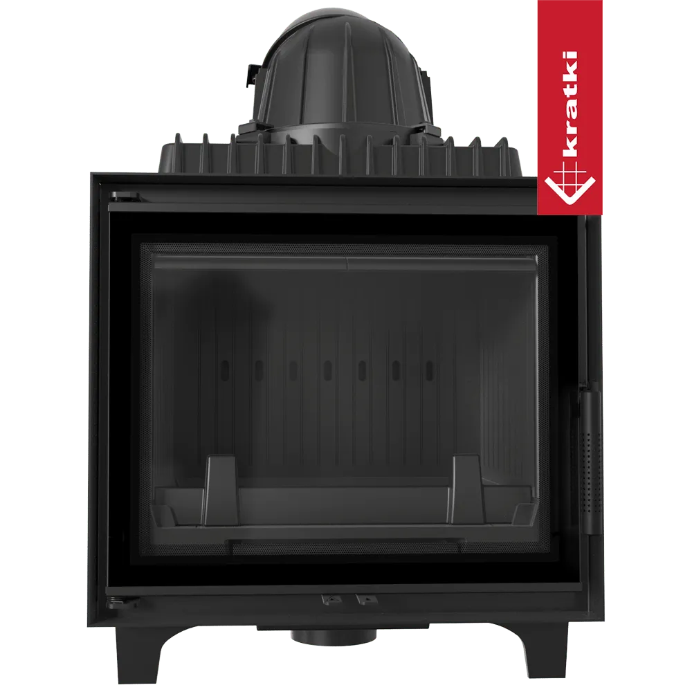 Kratki Franek 10 kW houtkachel met glazen deur en robuust zwart metalen ontwerp.