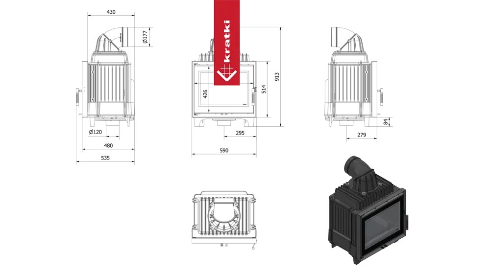 Kratki Franek 10 kW houtkachel met technische tekeningen en afmetingen in verschillende aanzichten.