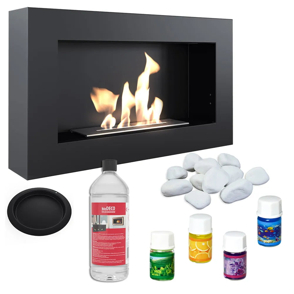 Kratki Golf bio-ethanol haard met accessoires: witte stenen, bio-ethanol fles en geurflessen.