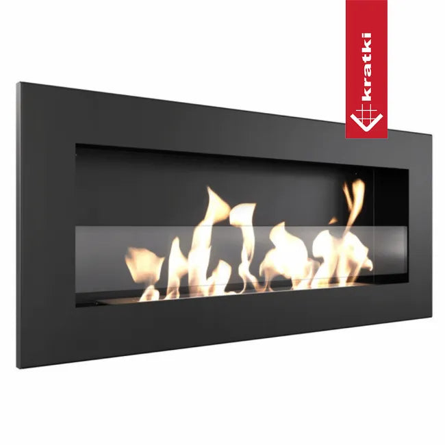 Kratki Delta2 Slim moderne, rechthoekige haard met vlammen, zwarte omlijsting en glazen scherm.