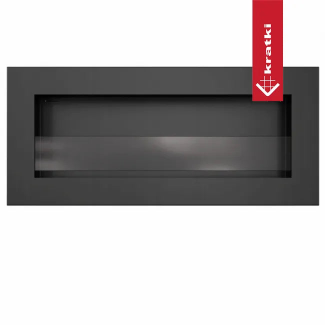 Zwarte, rechthoekige Kratki Delta2 Slim haard met een minimalistisch en strak ontwerp.