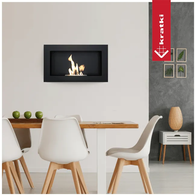 Moderne eetkamer met Kratki Golf 2 TÜV haard aan de muur.