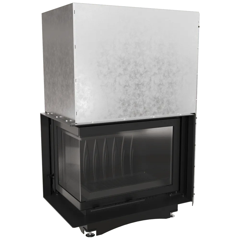 Kratki Maja Links, moderne inbouwhaard met glazen deur en metalen behuizing.