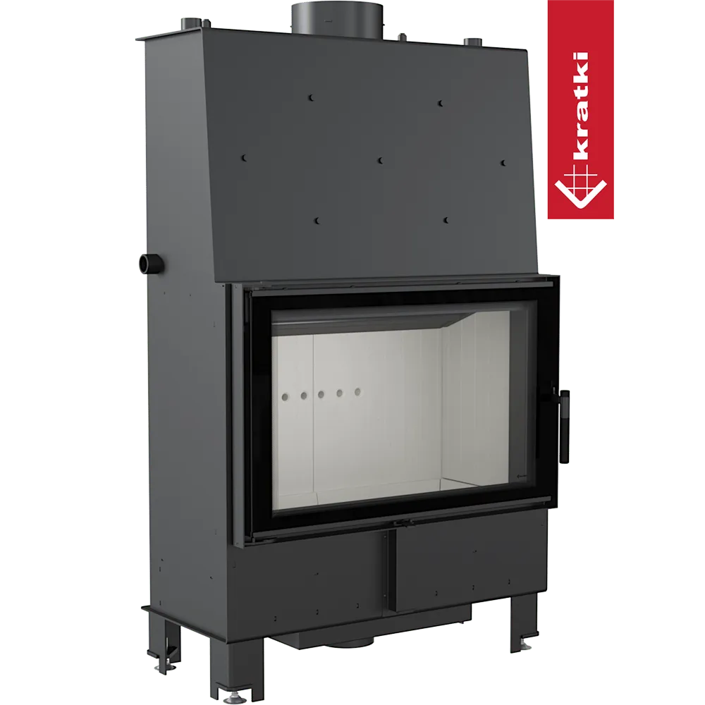 Kratki Lucy CV 16 kW houtkachel met glazen deur en strak, modern ontwerp.