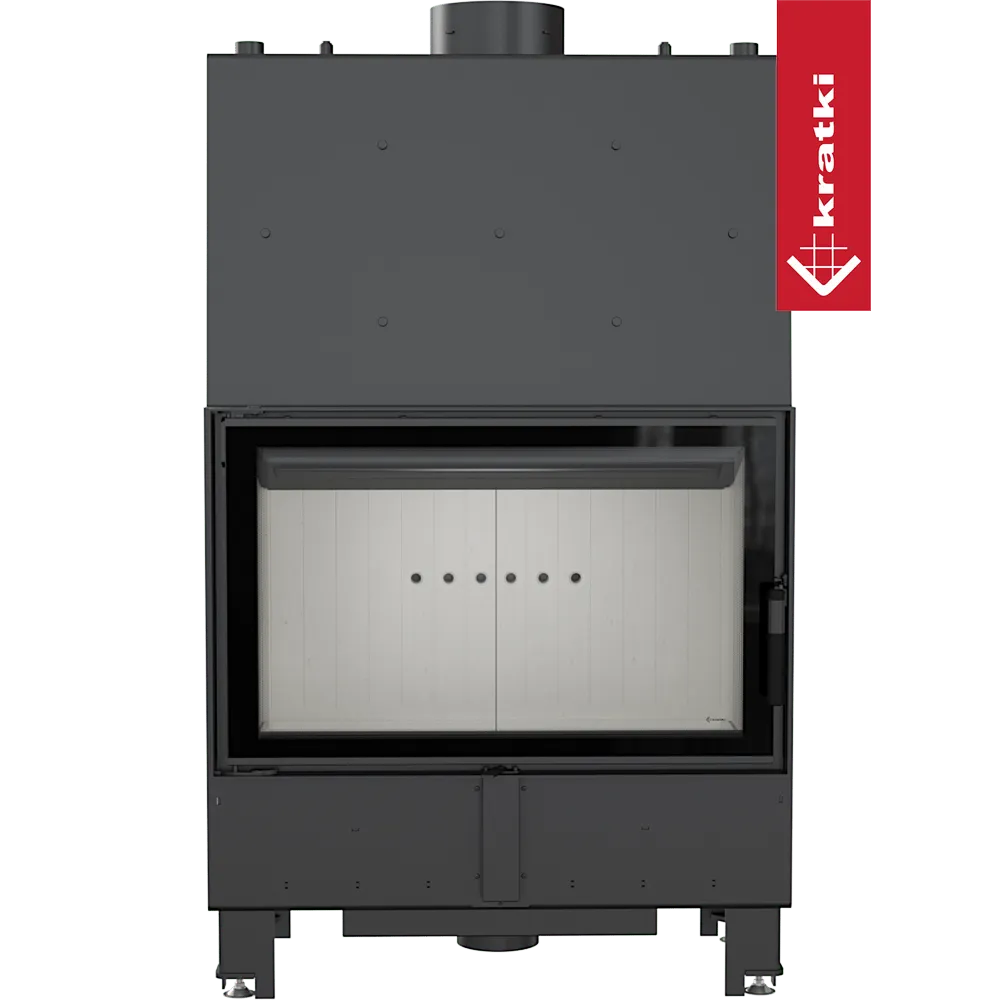 Kratki Lucy CV 16 kW, moderne zwarte houtkachel met glazen deur en witte binnenkant.
