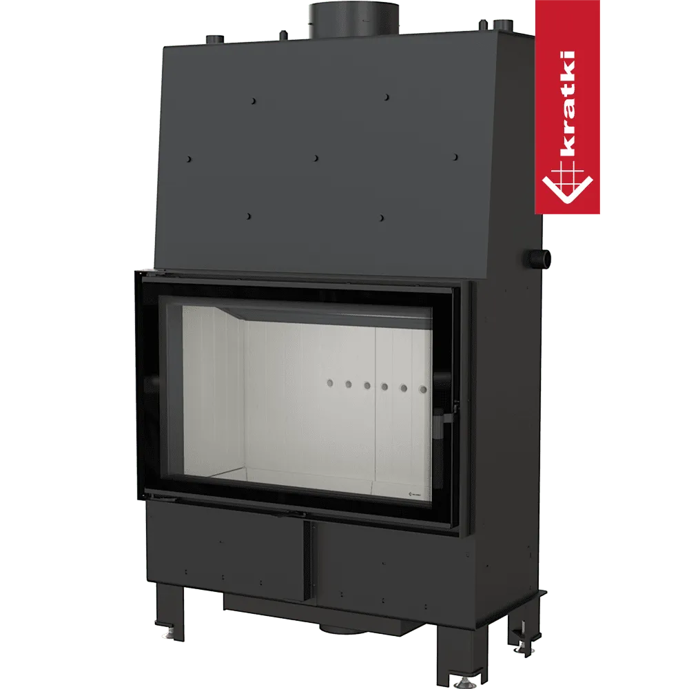 Zwarte Kratki Lucy CV 16 kW houtkachel met groot glazen venster en strak ontwerp.