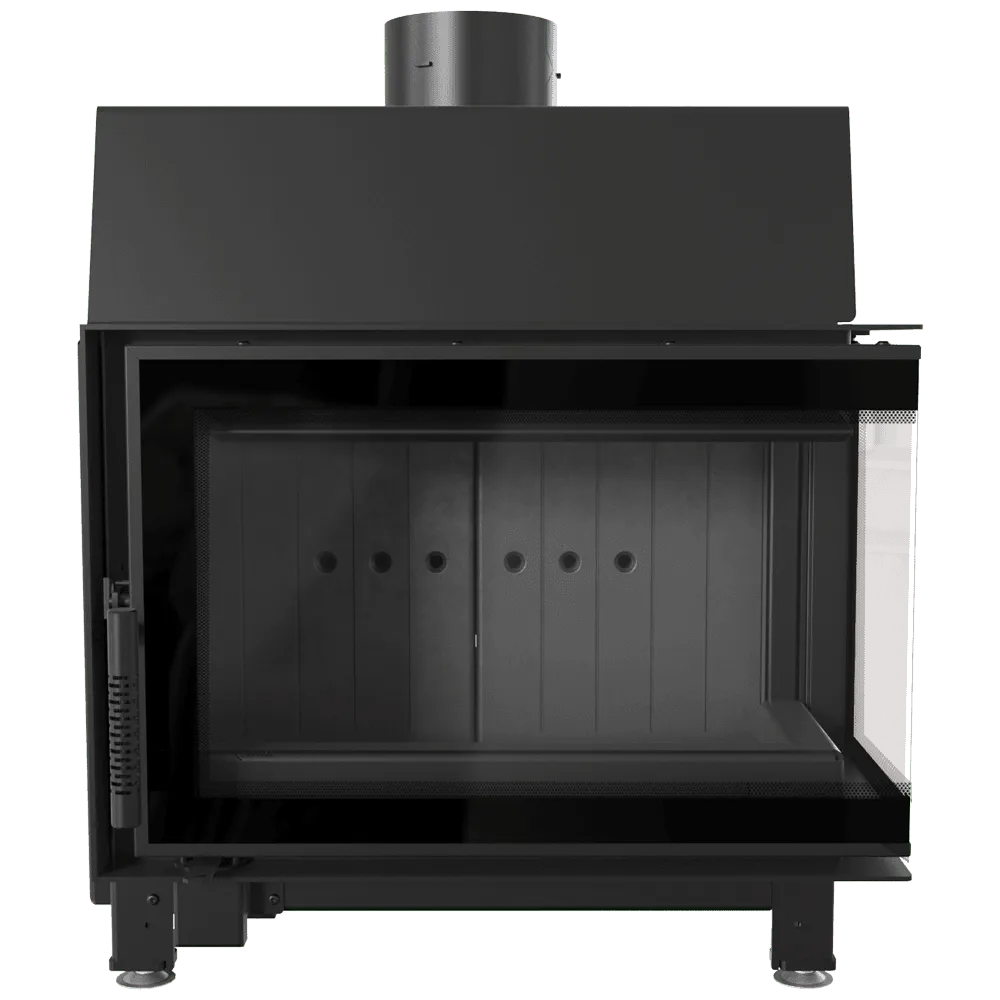 Kratki Simple S 8 kW Rechts, moderne zwarte houtkachel met glazen deur en zijpaneel.