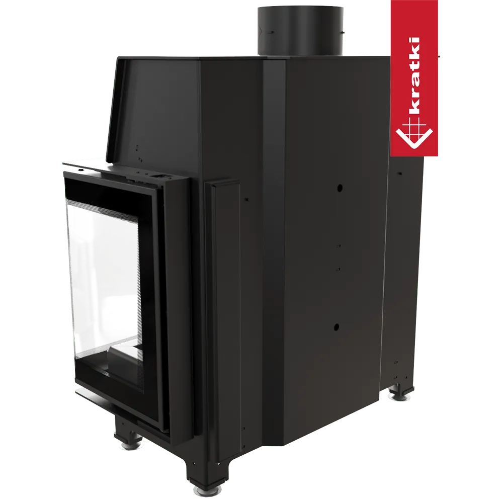 Kratki Simple S 8 kW Rechts, moderne zwarte houtkachel met glazen deur en bovenste rookafvoer.