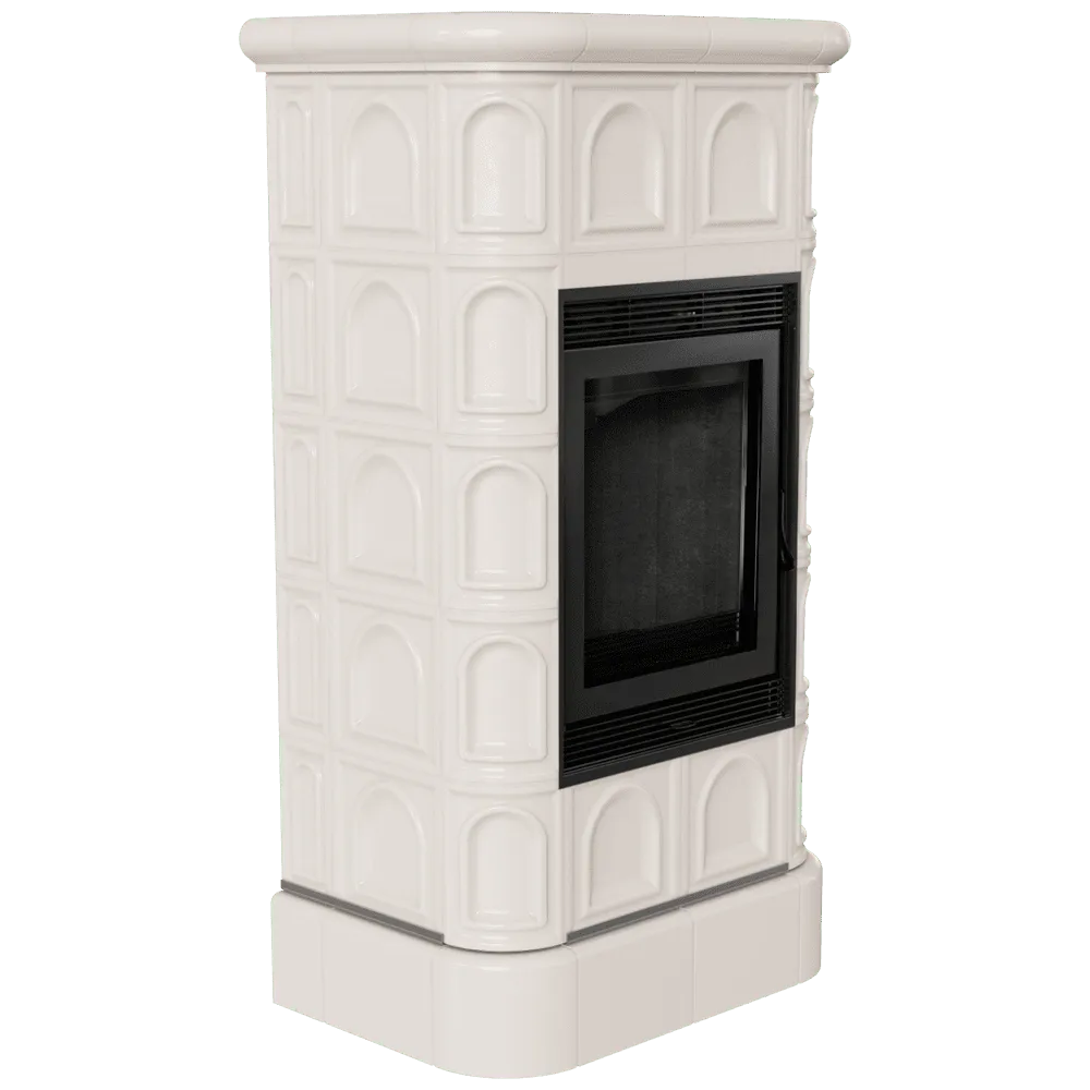 Kratki Blanka witte keramische kachel met zwart glazen deur en decoratieve tegels.