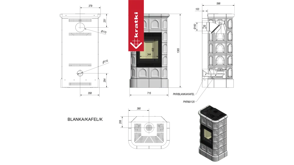 Technische tekening en 3D-weergave van Kratki Blanka houtkachel met afmetingen en details.