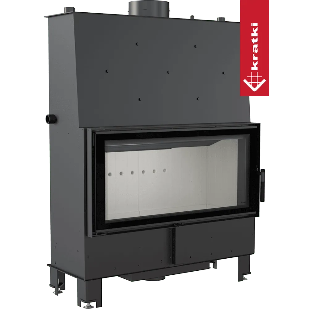 Zwarte Kratki Lucy CV 20 kW inbouwhaard met glazen deur en witte binnenkant.