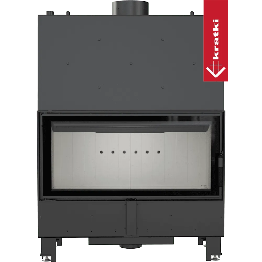 Kratki Lucy CV 20 kW, moderne zwarte houtkachel met groot glazen venster en strak ontwerp.