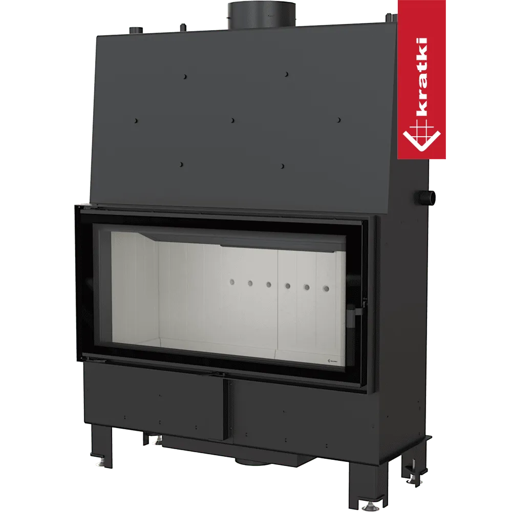 Zwarte Kratki Lucy CV 20 kW houtkachel met groot glazen venster en strak ontwerp.