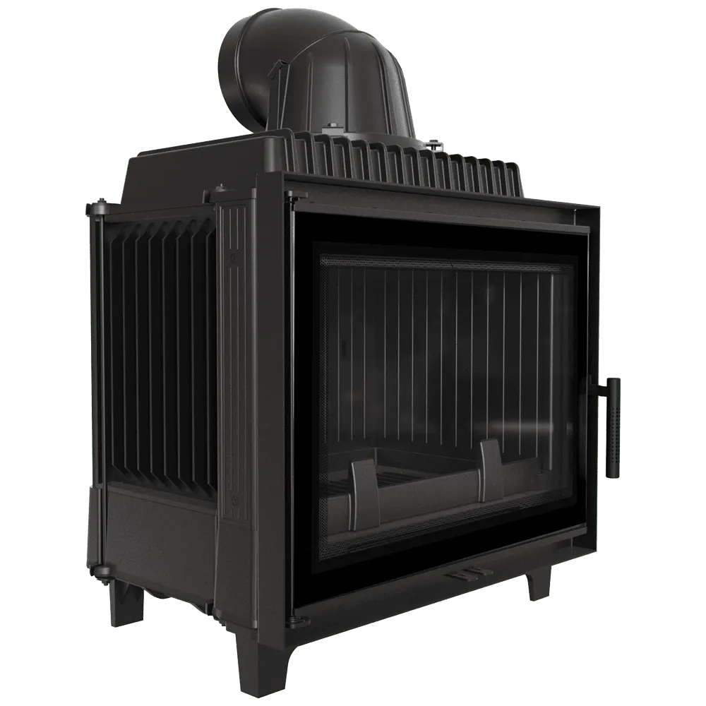 Zwarte houtkachel Kratki Franek 12 kW met glazen deur en bovenste rookafvoer.