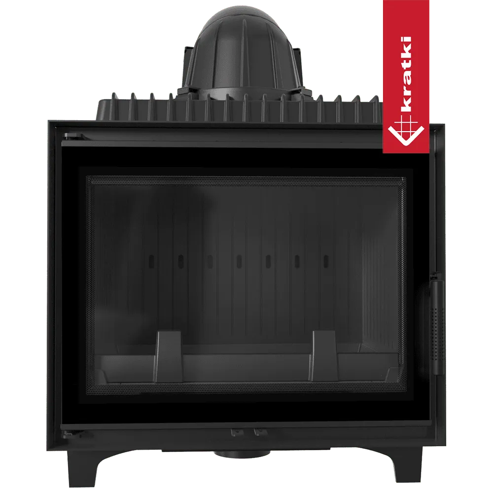 Zwarte houtkachel Kratki Franek 12 kW met glazen deur en bovenste rookafvoer.