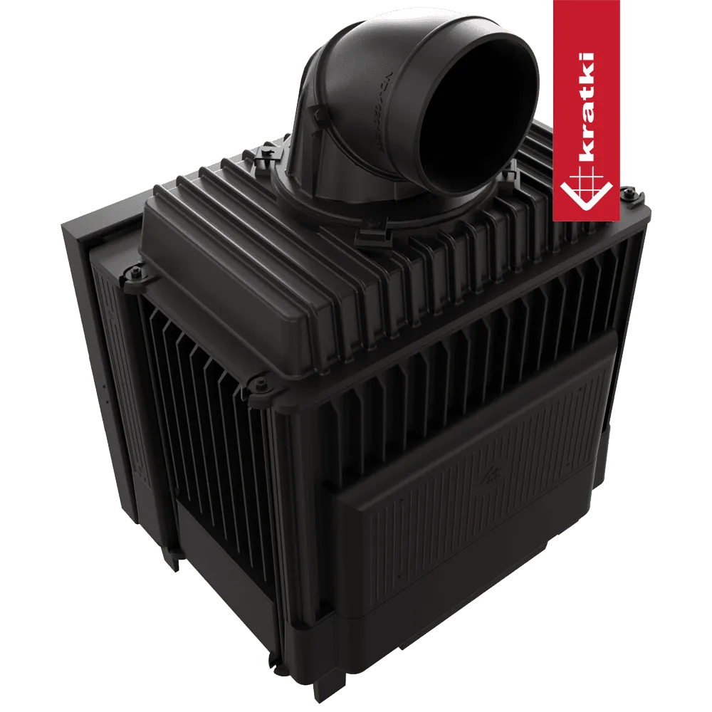 Zwarte Kratki Franek 12 kW houtkachel met moderne, robuuste vormgeving en efficiënte warmteafgifte.