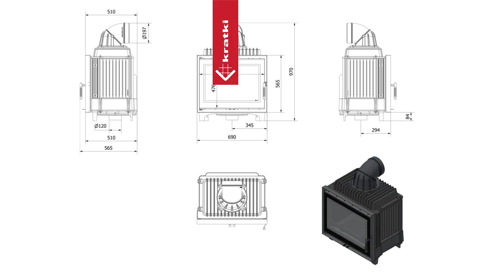 Kratki Franek 12 kW haard met technische tekeningen en afmetingen in verschillende aanzichten.