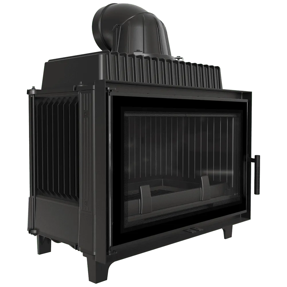 Zwarte houtkachel Kratki Franek 14 kW met glazen deur en bovenste rookafvoer.