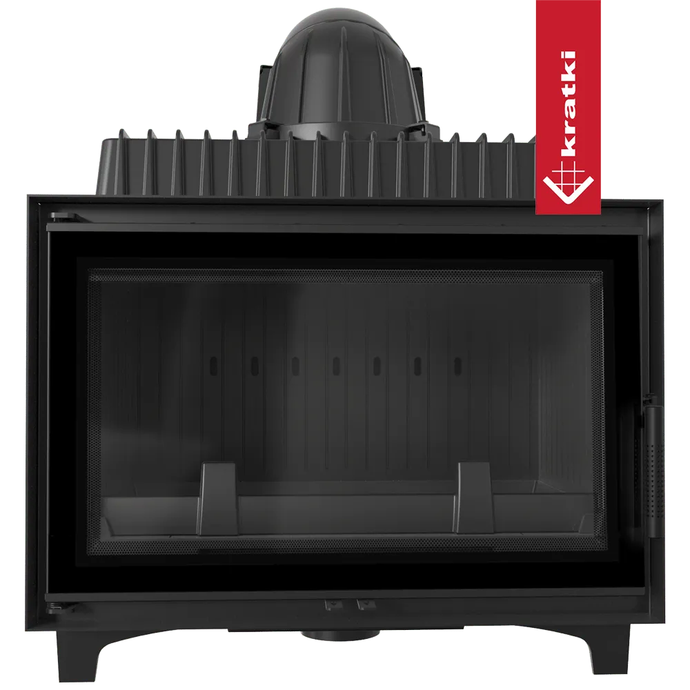 Kratki Franek 14 kW houtkachel met glazen deur en robuust zwart metalen ontwerp.