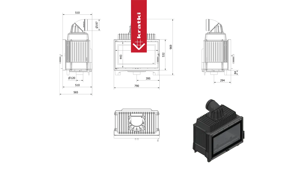 Technische tekening en afbeelding van Kratki Franek 14 kW houtkachel met afmetingen.