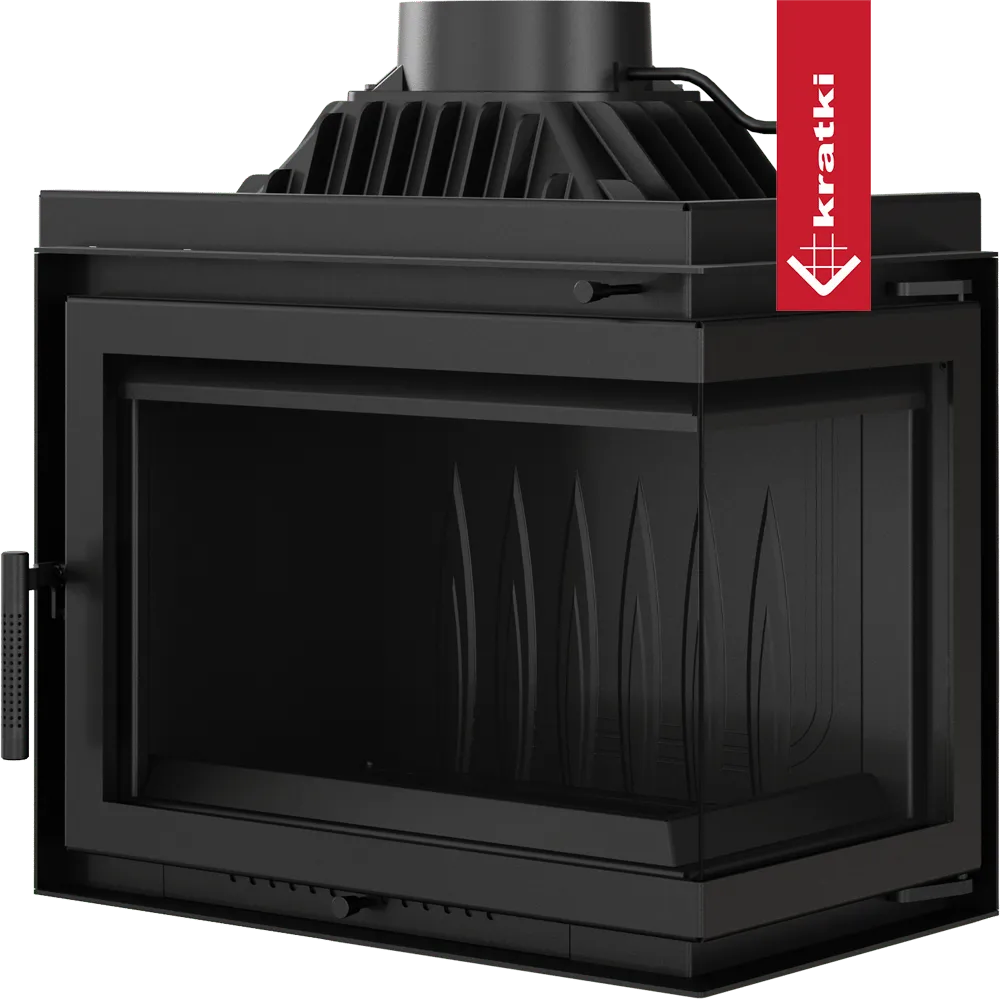 Kratki Simple M 10 kW Rechts, moderne zwarte houtkachel met glazen zijpaneel en strak ontwerp.