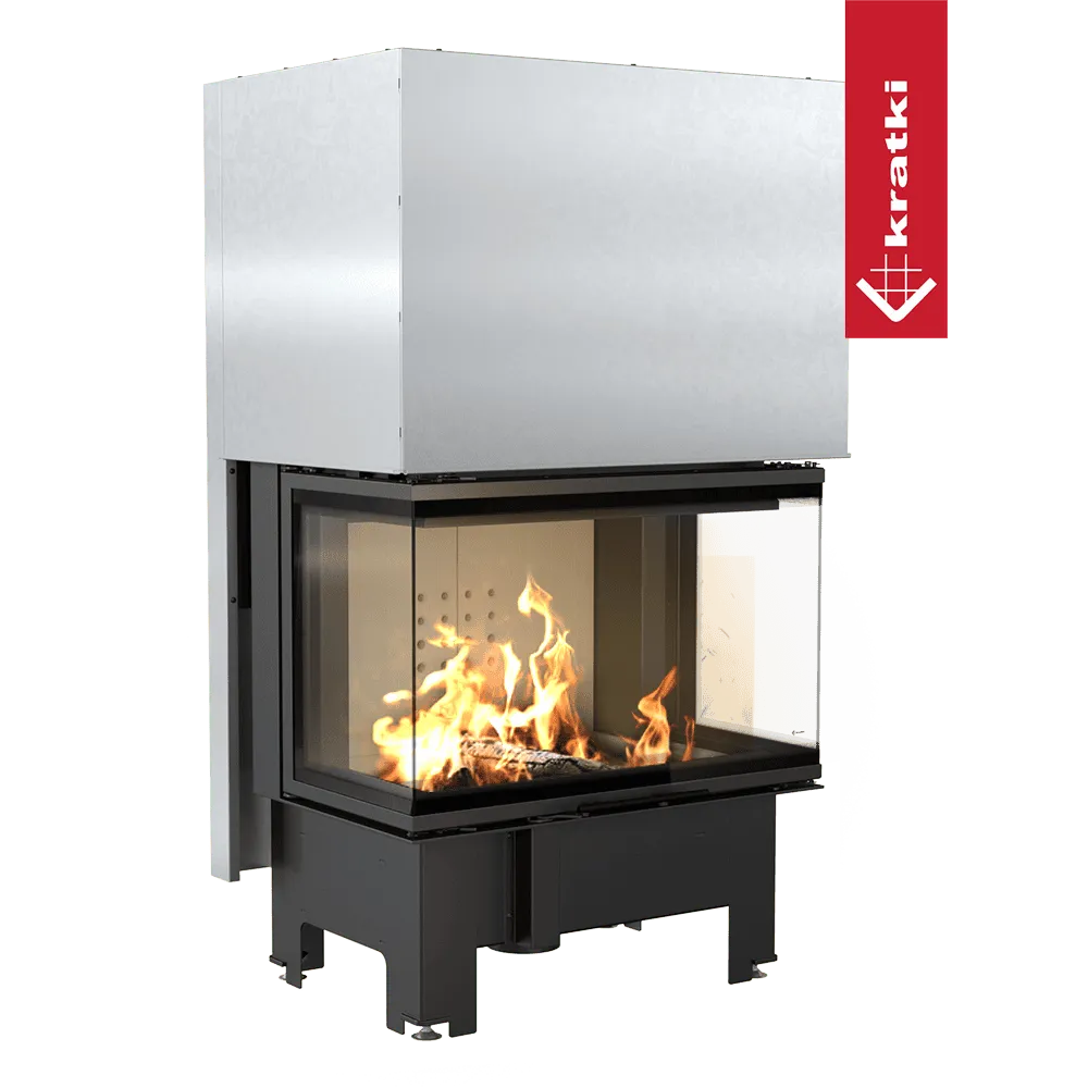 Kratki NBC 800/400 moderne inbouwhaard met driezijdig glas en brandend houtvuur.