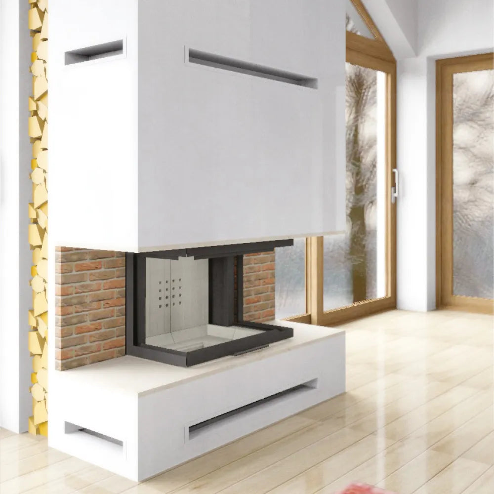Moderne woonkamer met Kratki NBC 800/400 haard, witte muren en grote ramen.