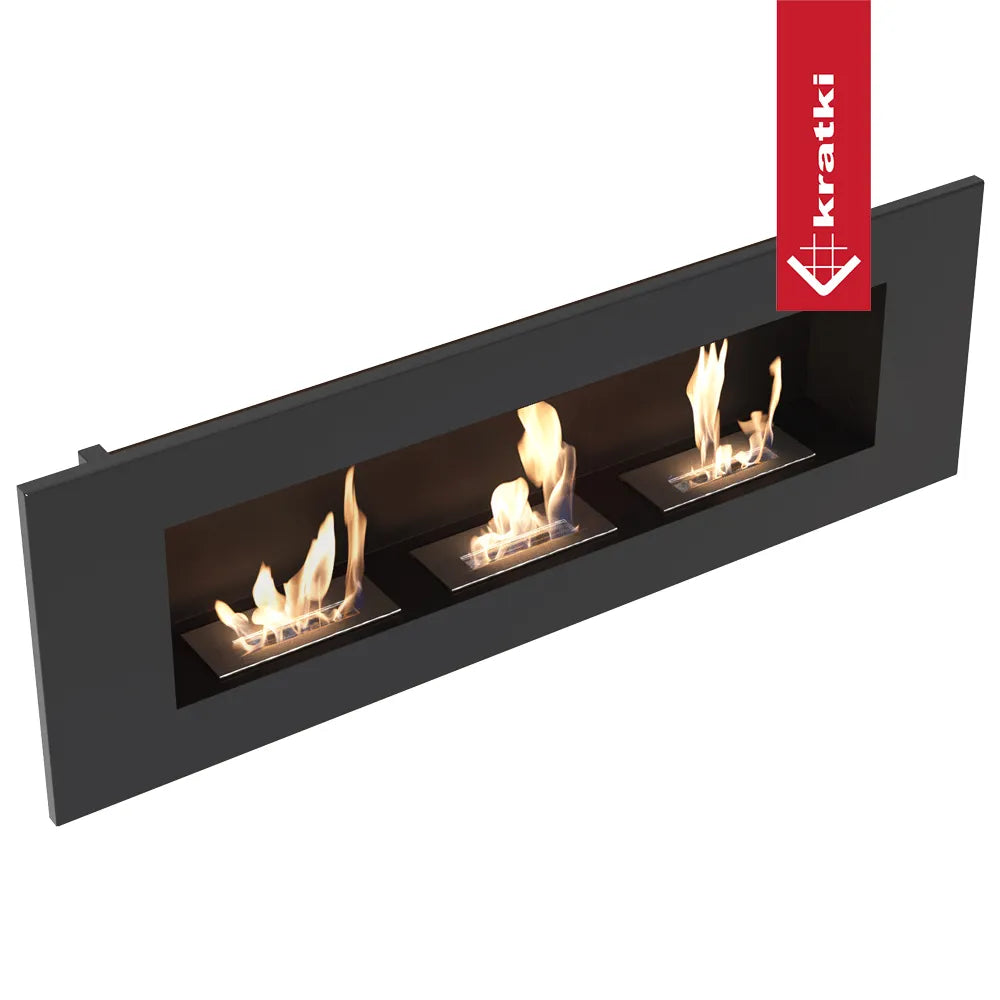 Zwarte Kratki Delta3 haard met drie branders en vlammen, modern en strak ontwerp.