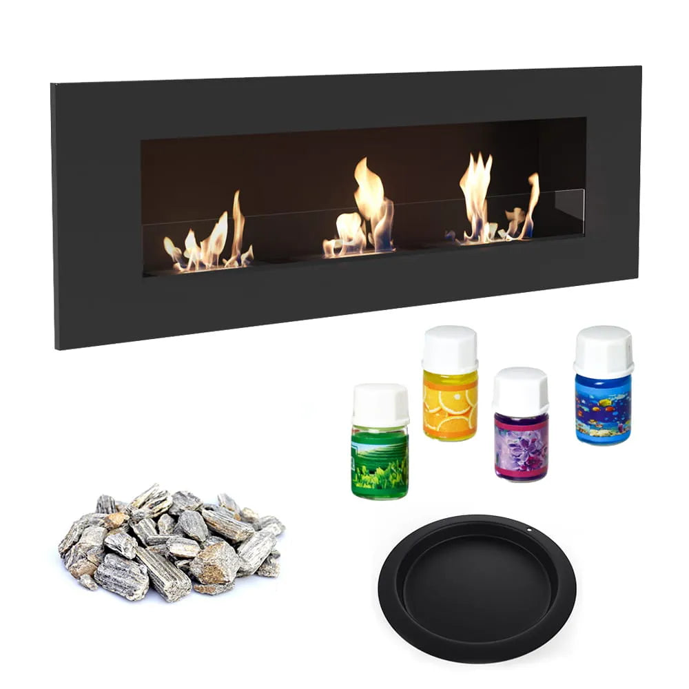 Kratki Delta3 haard met accessoires: stenen, geurende oliën en een zwarte ronde plaat.