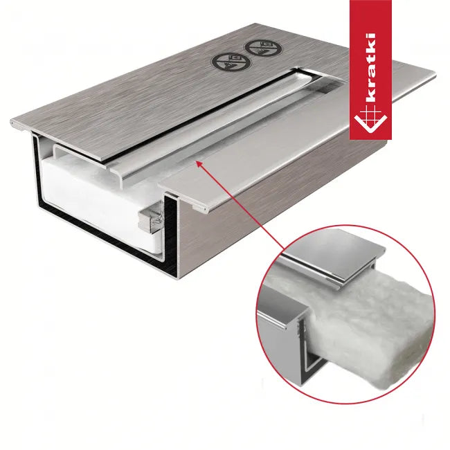 Kratki Delta3 roestvrijstalen ventilatierooster met gedetailleerde weergave van de binnenkant en isolatiemateriaal.
