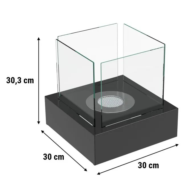 Kratki Tango3 bio-ethanol tafelhaard met afmetingen 30,3 cm hoog en 30 cm breed.