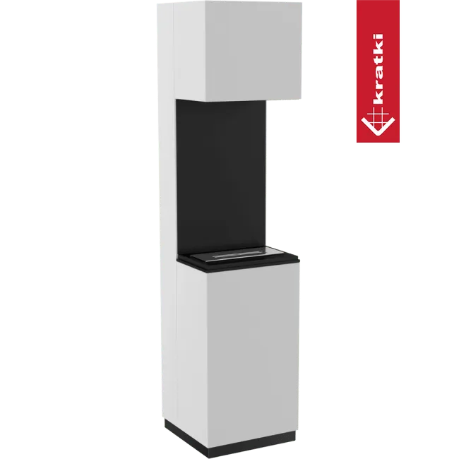 Witte, moderne Kratki Sierra bio-ethanol haard met zwarte binnenkant en strakke lijnen.