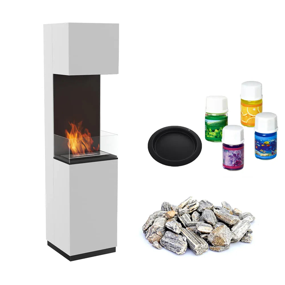 Kratki Sierra haard met accessoires: aromaflessen, zwarte schijf en stenen.