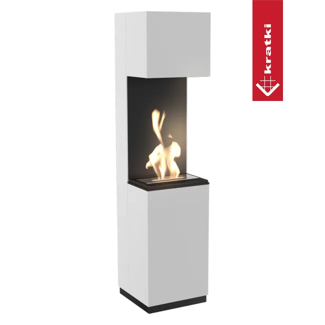 Witte, moderne Kratki Sierra bio-ethanol haard met vlammen, rechthoekig ontwerp en zwarte accenten.