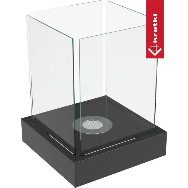 Kratki Tango4 bio-ethanol tafelhaard met glazen panelen en zwarte basis.