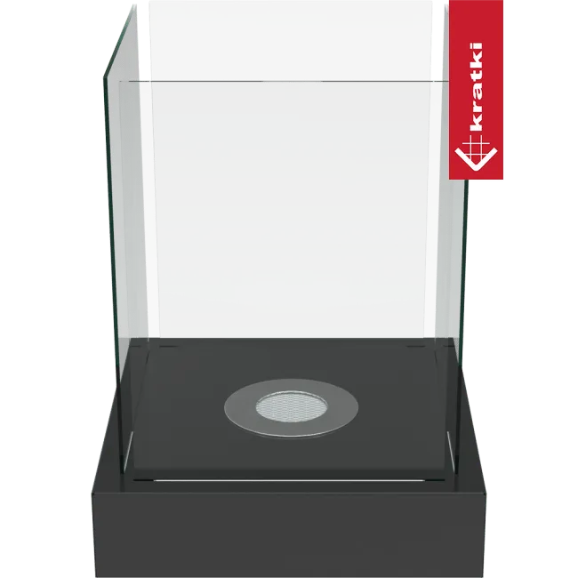 Kratki Tango4 bio-ethanol haard met glazen ombouw en zwart metalen basis.
