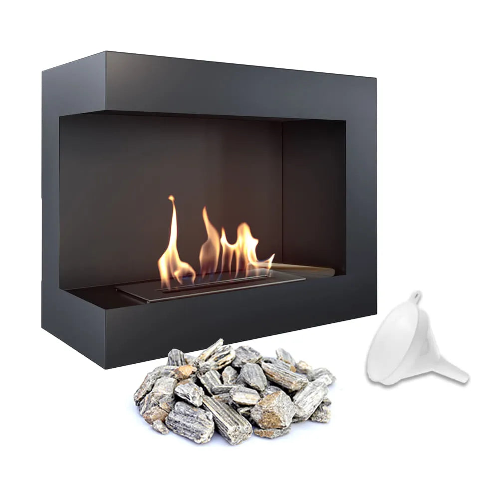 Kratki Delta Links haard met brandende vlammen, decoratieve stenen en trechter.