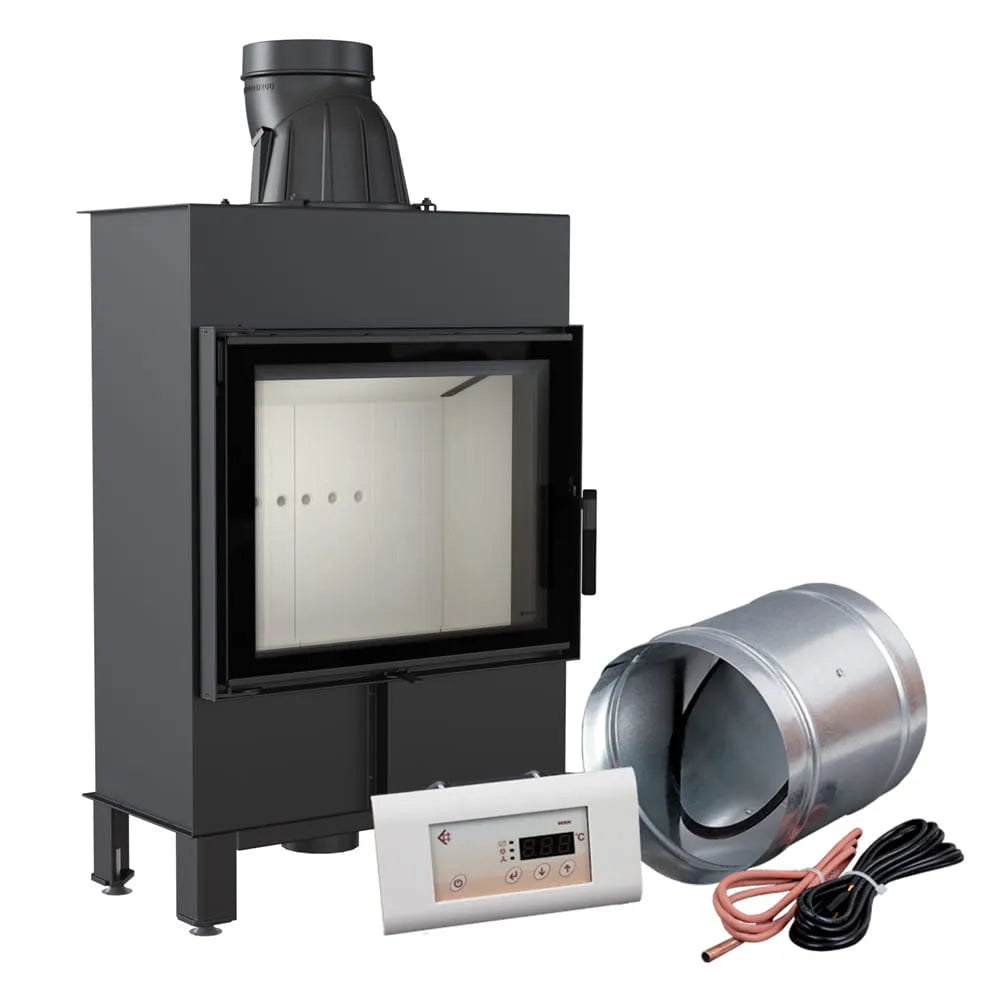 Kratki Lucy 12 kW Slim houtkachel met glazen deur, ventilator en bedieningspaneel.