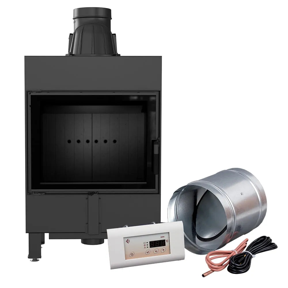 Kratki Lucy 12 kW Slim houtkachel met bedieningspaneel en ventilatie-accessoires.