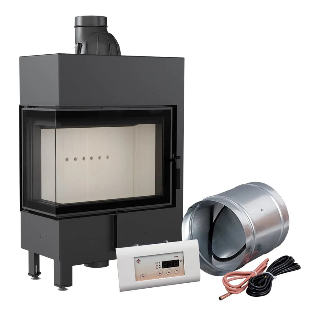 Kratki Lucy 12 kW Slim Links haard met accessoires, inclusief bedieningspaneel en ventilatiebuis.