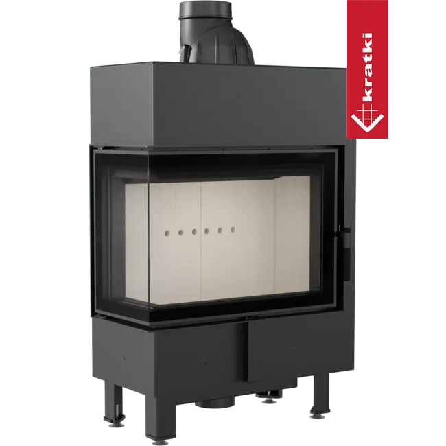 Kratki Lucy 12 kW Slim Links, moderne zwarte houtkachel met glazen deur en bovenafvoer.