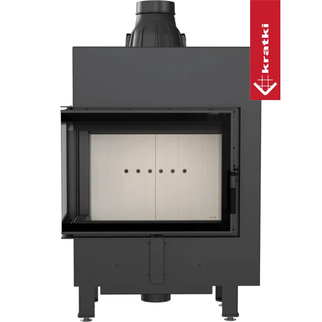 Kratki Lucy 12 kW Slim Links, moderne zwarte houtkachel met glazen deur en strak ontwerp.
