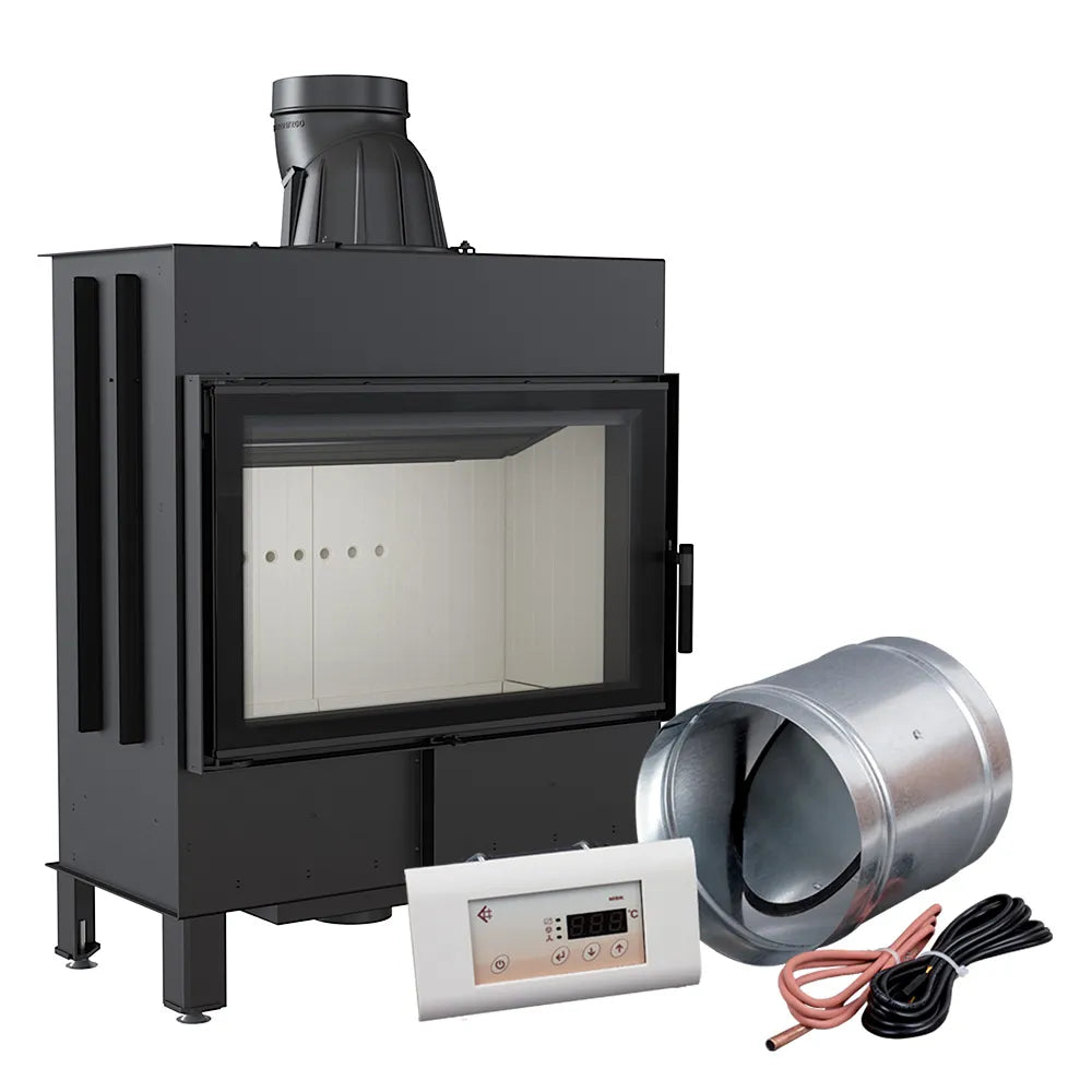 Kratki Lucy 14 kW houtkachel met accessoires, inclusief bedieningspaneel en ventilatiebuis.