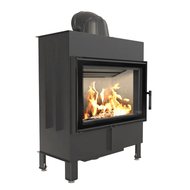 Kratki Lucy 14 kW houtkachel met glazen deur en zichtbare vlammen.