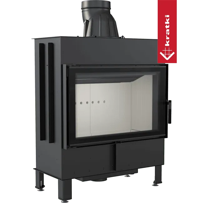 Kratki Lucy 14 kW houtkachel met glazen deur en zwarte metalen behuizing.