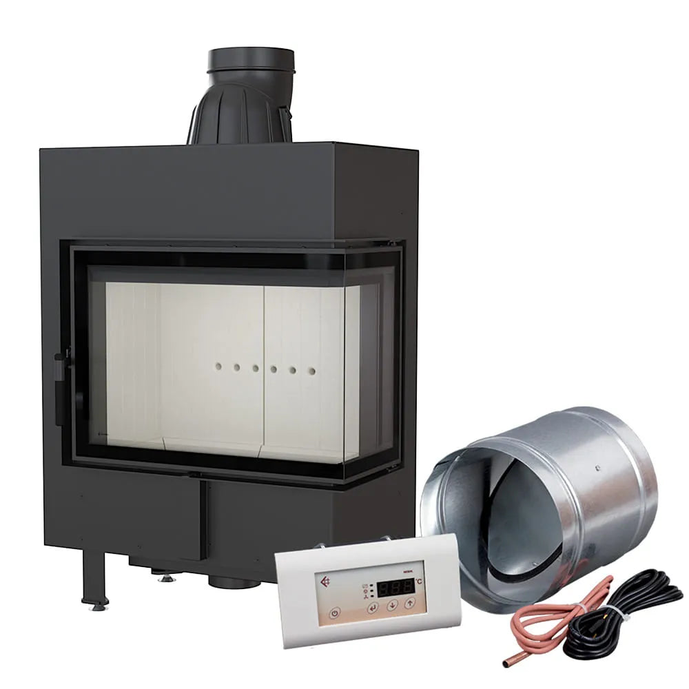 Kratki Lucy 12 kW Rechts haard met accessoires, inclusief bedieningspaneel en ventilatiebuis.